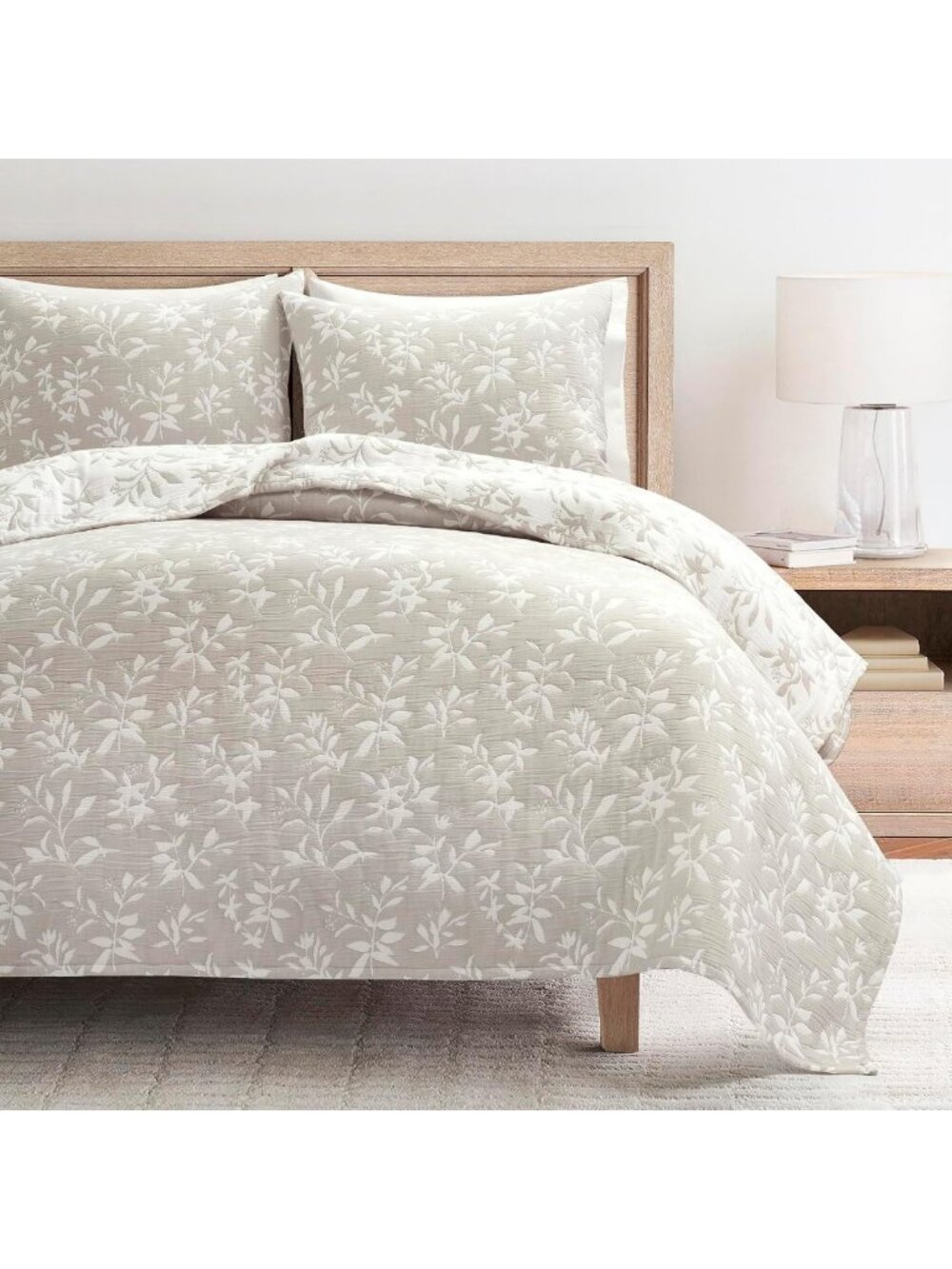 Floral Jacquard Reversible King Quilt Set - 3 Piece Neutral Bedding, Cottage